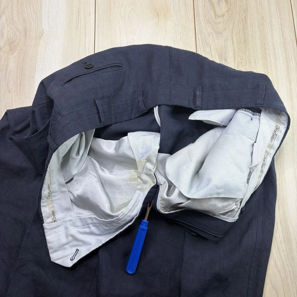 Gran Sasso 100% Flax Dress Pants Mens Size 34x32 Navy Blue Trousers Linen